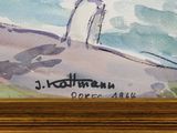 a picture of a painting of a man walking on the beach