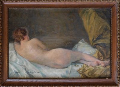 une peinture à l'huile représentant une femme nue allongée sur un lit