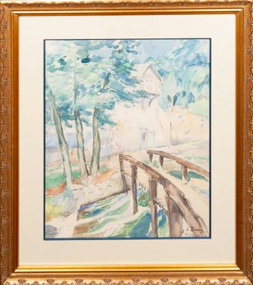 a painting of a bridge over a stream in front of a house