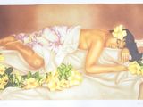 un tableau représentant une femme allongée sur un lit, avec des fleurs dans les cheveux