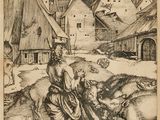 dessin représentant une femme assise devant un village avec des moutons