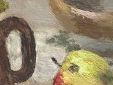 a painting of two apples and a coffee pot on a table