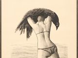 dessin représentant une femme en bikini tenant un oiseau au-dessus de sa tête