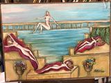 un tableau représentant une femme assise sur les marches au bord de l'eau