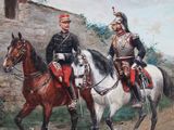 painting of two men in uniforms riding horses on a dirt road