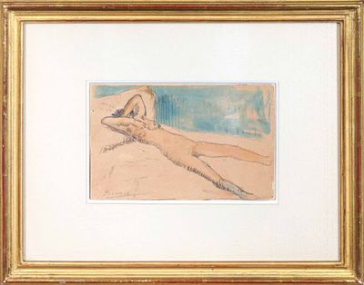 tableau représentant une femme nue allongée sur un lit, les jambes croisées