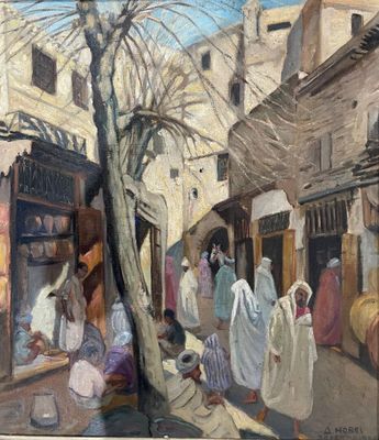 painting of a group of people walking down a street next to a tree