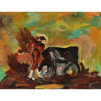 une image représentant un tableau où l'on voit un homme à cheval et une vache
