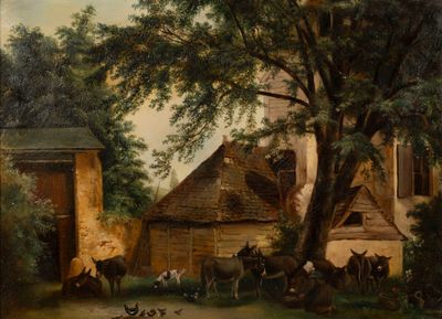 un tableau représentant une scène de ferme avec des animaux au premier plan