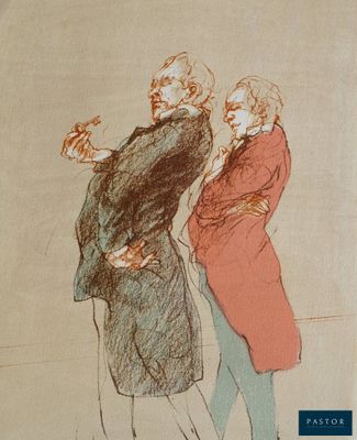 un dessin représentant deux hommes debout l'un à côté de l'autre