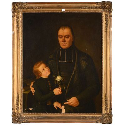 un vieux tableau représentant un homme tenant un enfant dans ses bras