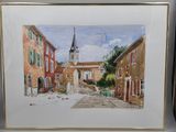 peinture d'une scène de rue avec un clocher d'église en arrière-plan
