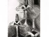 a black and white drawing of a vase with flowers on a table