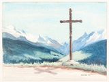 watercolor painting of a cross on a hill with mountains in the background