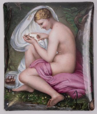 tableau représentant une femme nue, enveloppée dans une serviette rose, en train de manger un morceau de gâteau