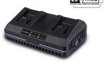a black battery charger with two batteries attached to it