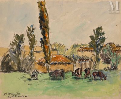 tableau représentant des vaches paissant dans un champ, avec un arbre en arrière-plan
