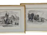 two black and white drawings of a church and trees