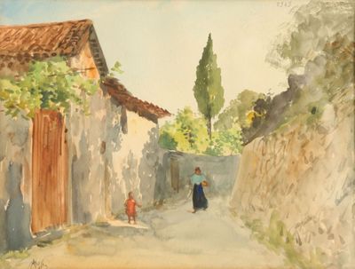 un tableau représentant une femme et un enfant marchant dans une rue