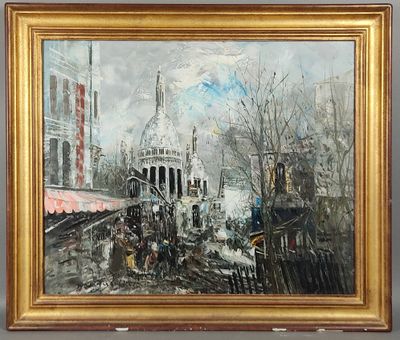 une peinture représentant une scène de rue en ville avec un train