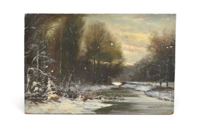 une peinture à l'huile représentant un paysage enneigé avec des arbres et une rivière
