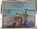 a painting of a boat on the water with other boats in the background