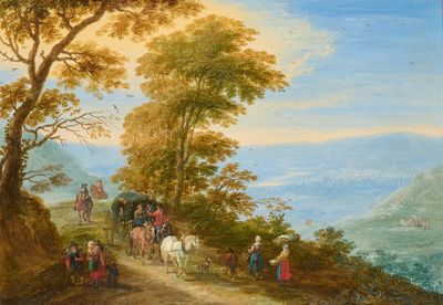 tableau représentant un groupe de personnes à cheval sur un chemin de terre