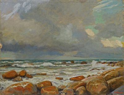 an image of a painting of a beach scene with rocks in the foreground