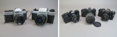 two pictures of a couple of old cameras on a table