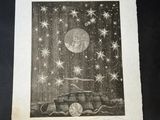 an old black and white photo of a man on a boat under a full moon