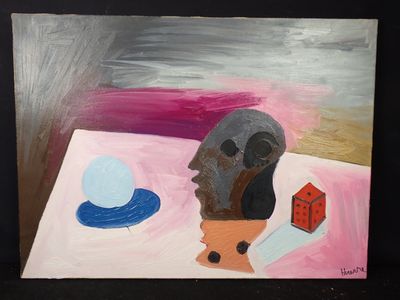 une peinture représentant un crâne posé sur une table, à côté d'un objet bleu