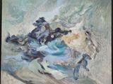 un tableau représentant un groupe de personnes à cheval sur une plage
