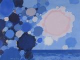an image of a painting of a sun over a body of water