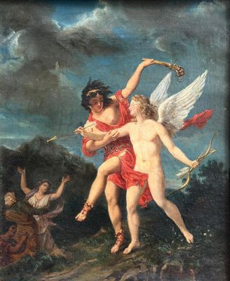 une image représentant un tableau où l'on voit deux anges jouant avec un Cupidon