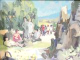 a painting of a group of people sitting on the ground