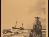 painting of a man standing on a beach with a boat in the background