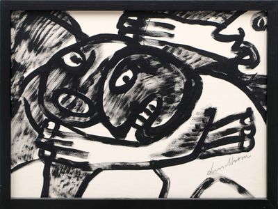 black and white drawing of a man holding a dog in his arms