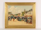 an oil painting of a market scene with people walking around