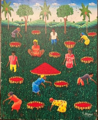 painting of a group of people working in a field with umbrellas