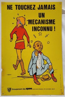 une affiche jaune sur laquelle figurent une femme et un homme allongés par terre