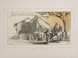 an old drawing of a group of people standing in front of a building