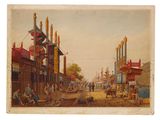 un vieux tableau représentant une scène de rue avec des personnages et des bâtiments