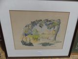 framed watercolor painting of a tree and a house in a field