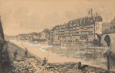 drawing of people fishing on a river with a bridge in the background