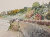 a watercolor painting of a train on the tracks by the water