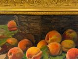 a painting of peaches in a basket on a table