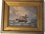 painting of a sailing ship in rough seas with a man on the front of it