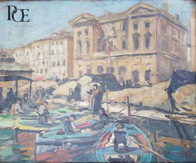 une peinture de bateaux dans un port avec des bâtiments à l'arrière-plan