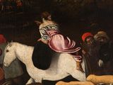 painting of a painting of a man on a horse with sheep and other animals