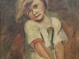 painting of a young girl holding a tennis racquet in front of her face